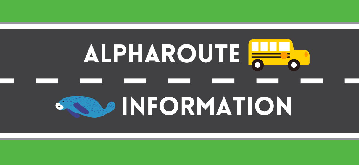 Road with "AlphaRoute Information" and a bus and manatee