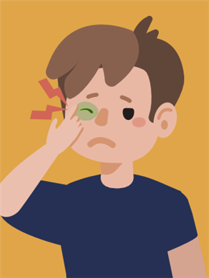 Boy pointing at his eye which has a green overlay indicating an eye infection.