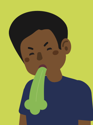 Boy with green liquid coming out of his mouth indicating an upset tummy with vomiting.