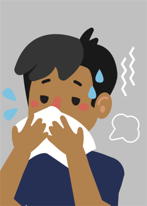 Boy blowing his nose with a tissue, water droplets from his forehead, indicating a fever and other COVID symptoms