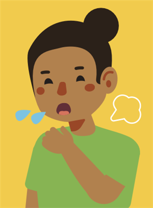 Girl in a green shirt with coughing cold symptom.