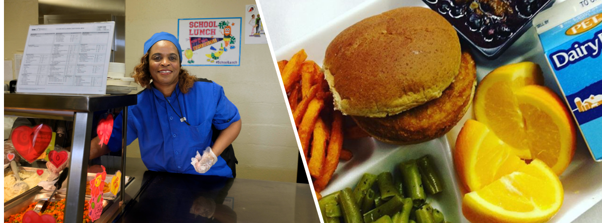 Smiling cafeteria staff member. School lunch tray with sandwich, milk, green beans, orange slices, and fries.